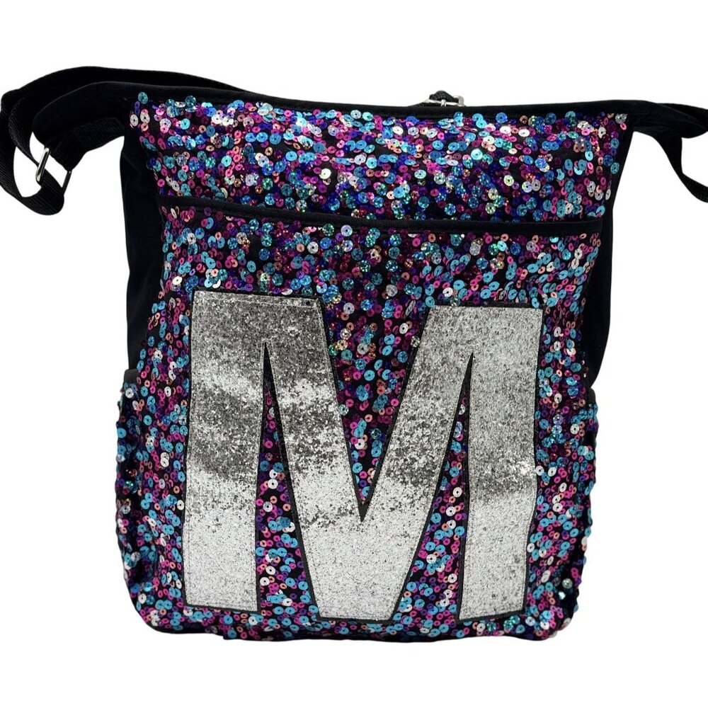 Justice Girls Womens Cross Body Book Bag SEQUIN Backpack Letter Initial M